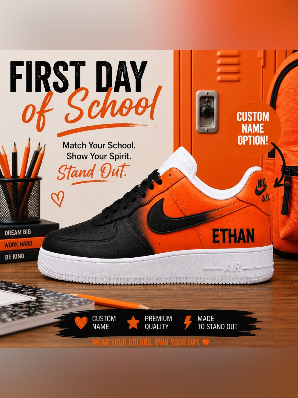 Custom School Spirit Nike Air Force 1 Shoes Personalized Back to School Sneakers